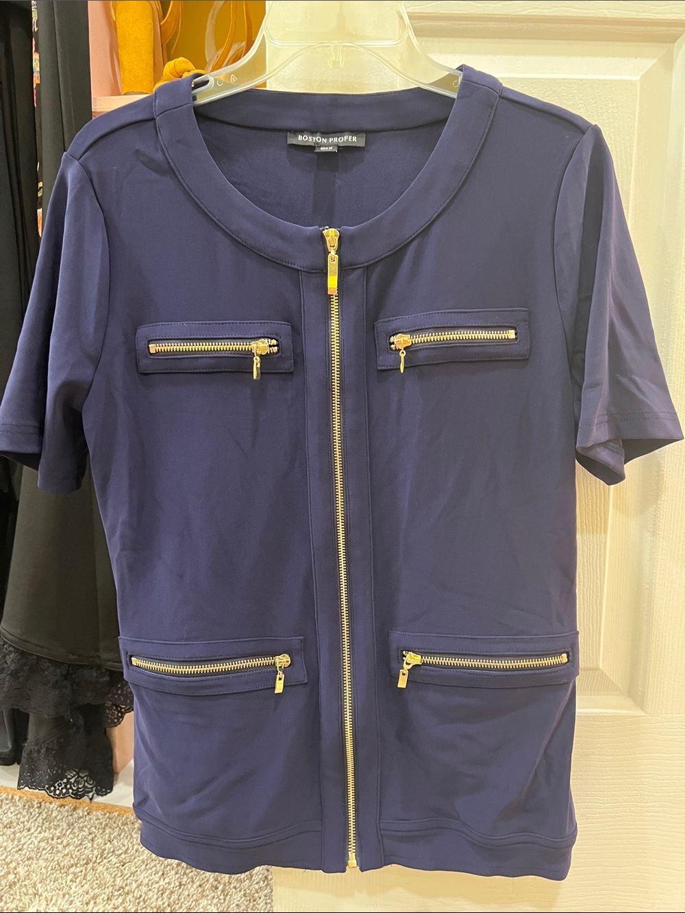 Boston Proper Navy Short-Sleeve Zip Front Top with Gold Zippers